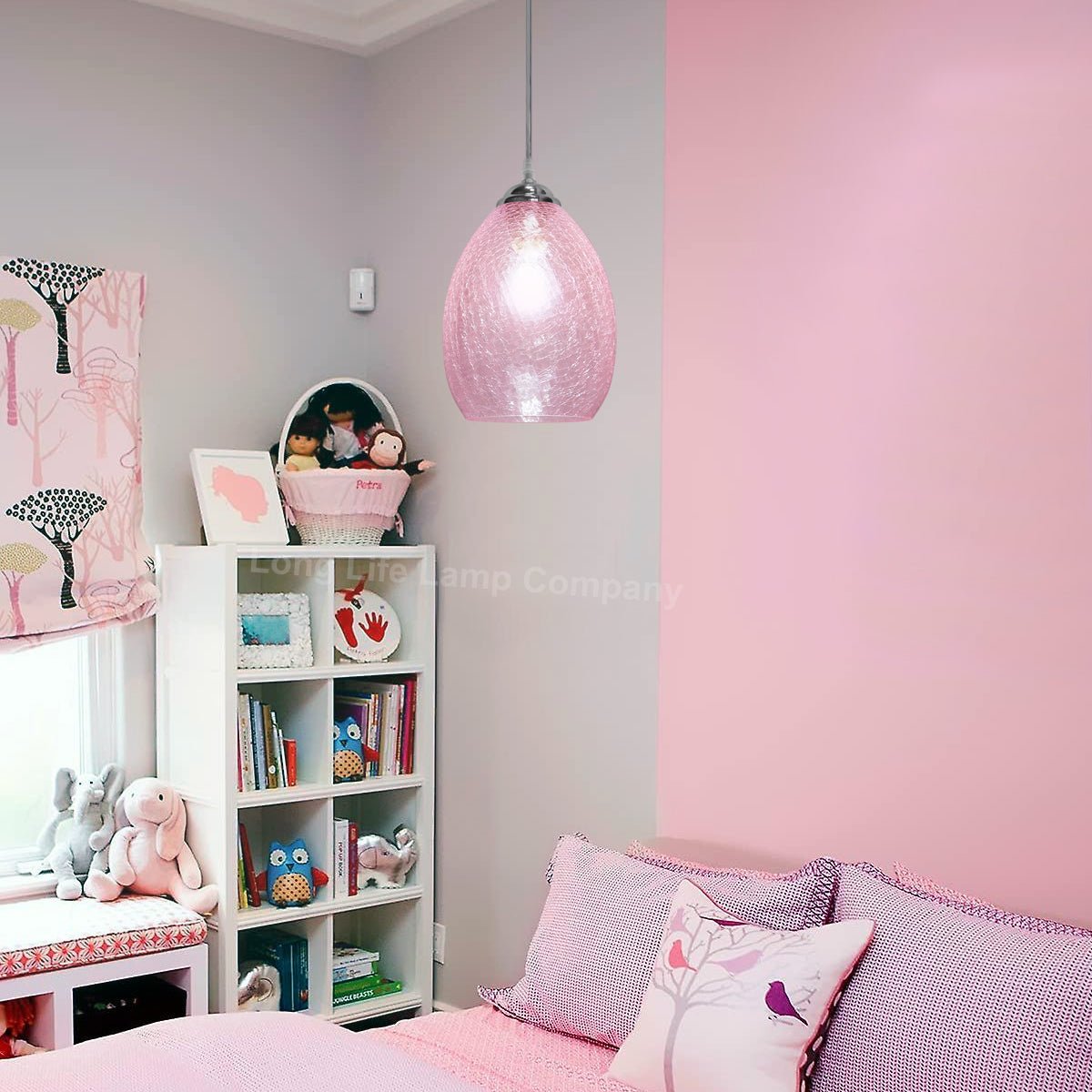 Retro Chrome Ceiling Pendant Light Fixture Pink Cracked Glass Oval Lamp Shade - Energy Light Bulbs - Free delivery on all orders