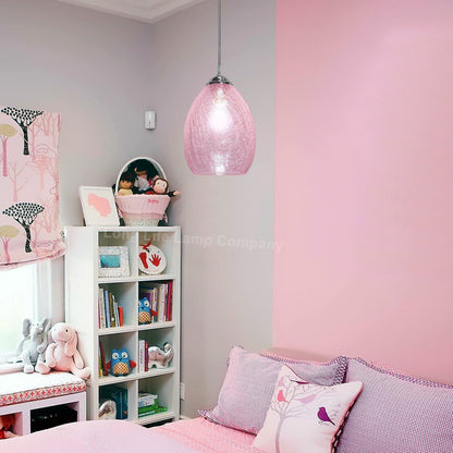 Retro Chrome Ceiling Pendant Light Fixture Pink Cracked Glass Oval Lamp Shade - Energy Light Bulbs - Free delivery on all orders