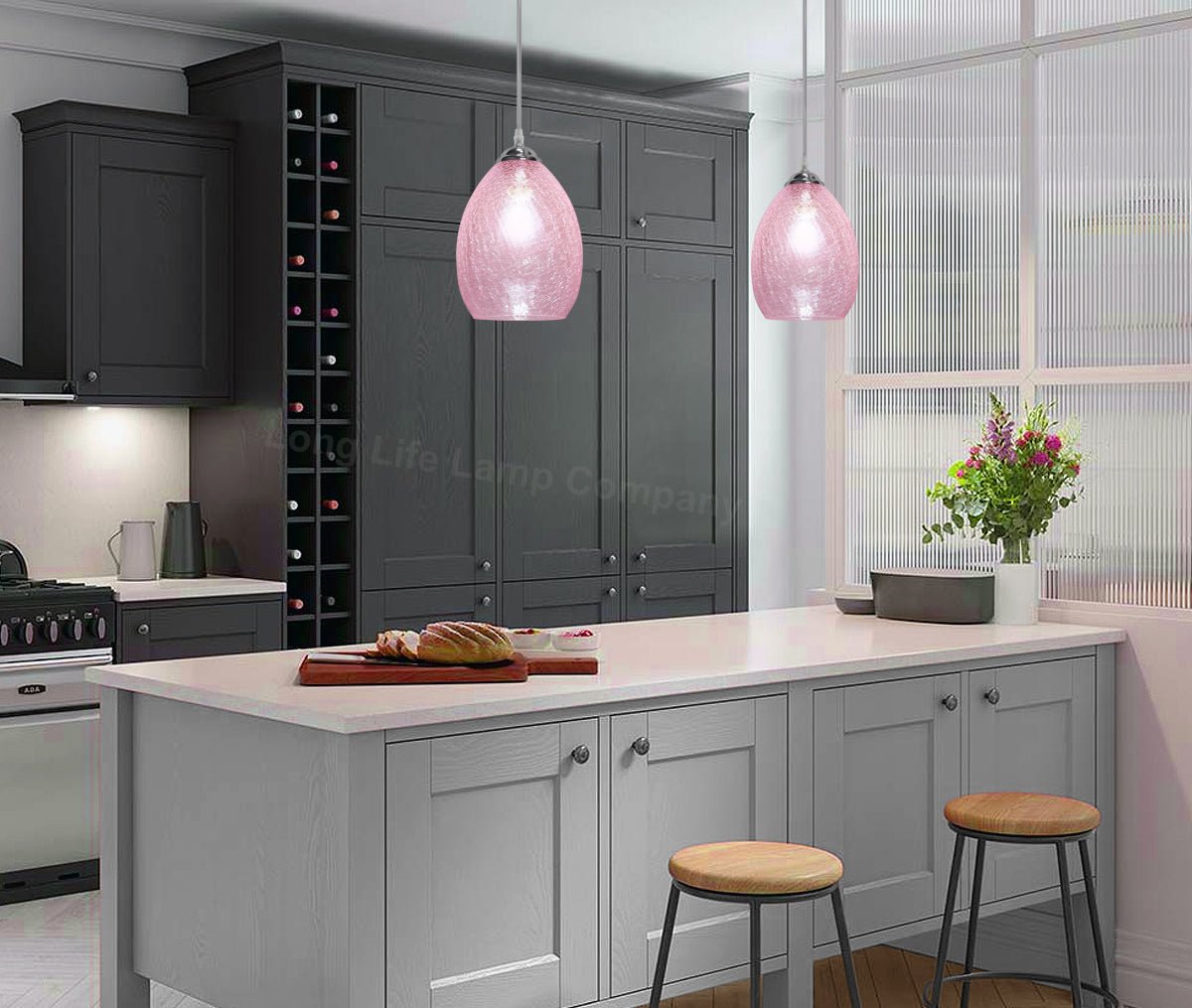 Retro Chrome Ceiling Pendant Light Fixture Pink Cracked Glass Oval Lamp Shade - Energy Light Bulbs - Free delivery on all orders
