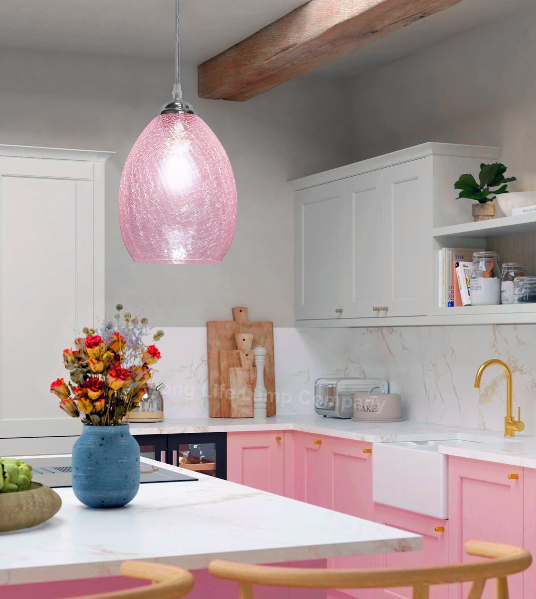 Retro Chrome Ceiling Pendant Light Fixture Pink Cracked Glass Oval Lamp Shade - Energy Light Bulbs - Free delivery on all orders