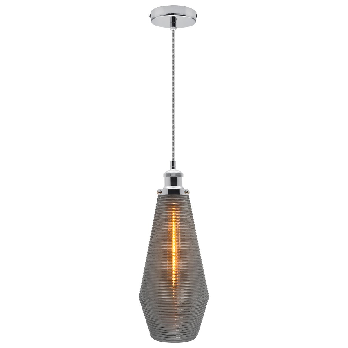 Retro Chrome Ceiling Pendant Light Ribbed Smoked Grey Glass Lamp Shade - Energy Light Bulbs - Free delivery on all orders