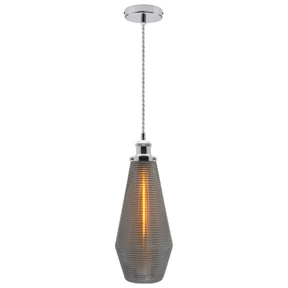 Retro Chrome Ceiling Pendant Light Ribbed Smoked Grey Glass Lamp Shade - Energy Light Bulbs - Free delivery on all orders