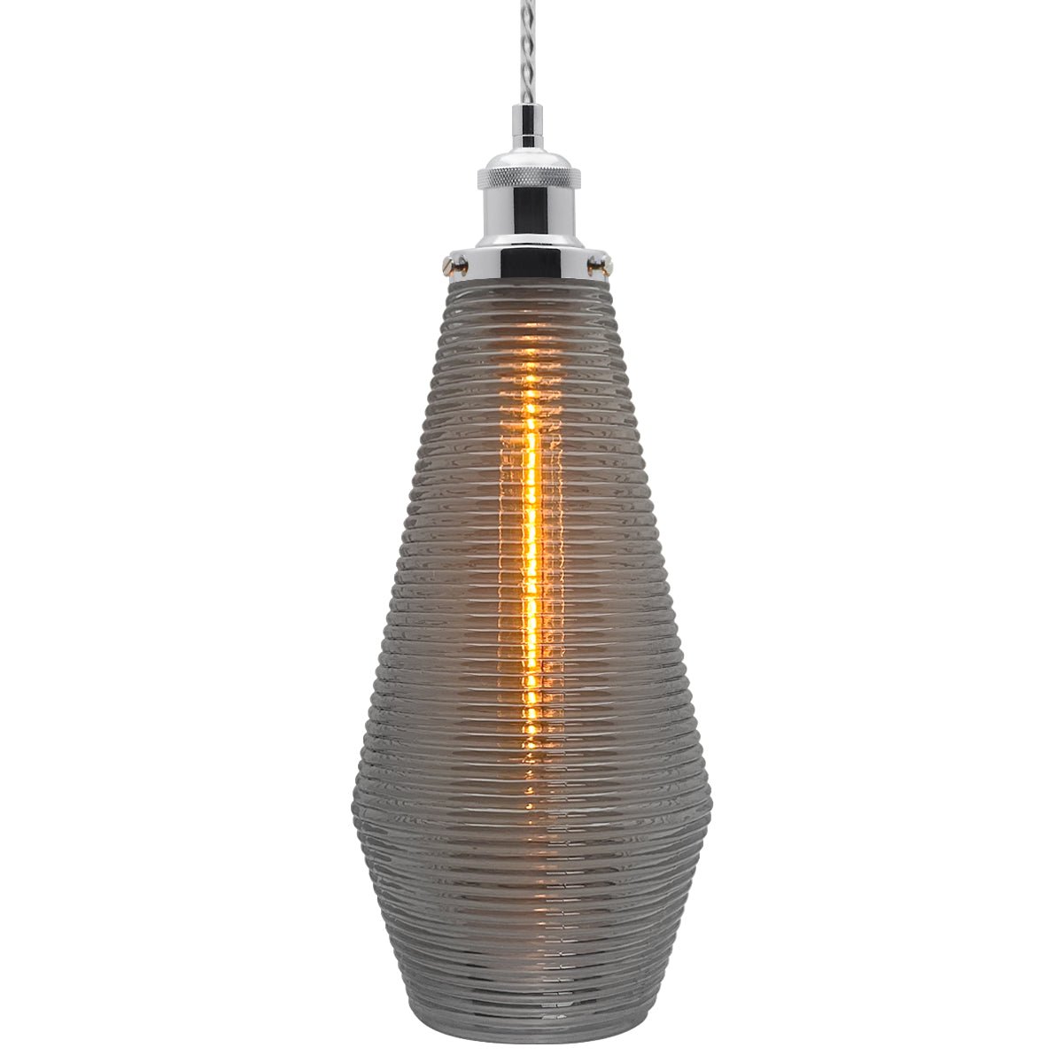 Retro Chrome Ceiling Pendant Light Ribbed Smoked Grey Glass Lamp Shade - Energy Light Bulbs - Free delivery on all orders