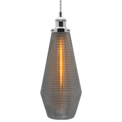 Retro Chrome Ceiling Pendant Light Ribbed Smoked Grey Glass Lamp Shade - Energy Light Bulbs - Free delivery on all orders