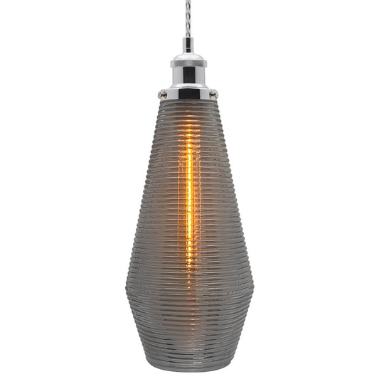 Retro Chrome Ceiling Pendant Light Ribbed Smoked Grey Glass Lamp Shade - Energy Light Bulbs - Free delivery on all orders