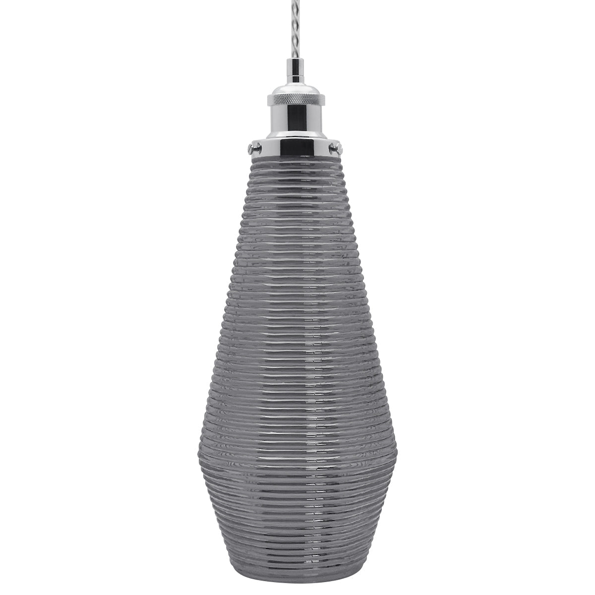 Retro Chrome Ceiling Pendant Light Ribbed Smoked Grey Glass Lamp Shade - Energy Light Bulbs - Free delivery on all orders