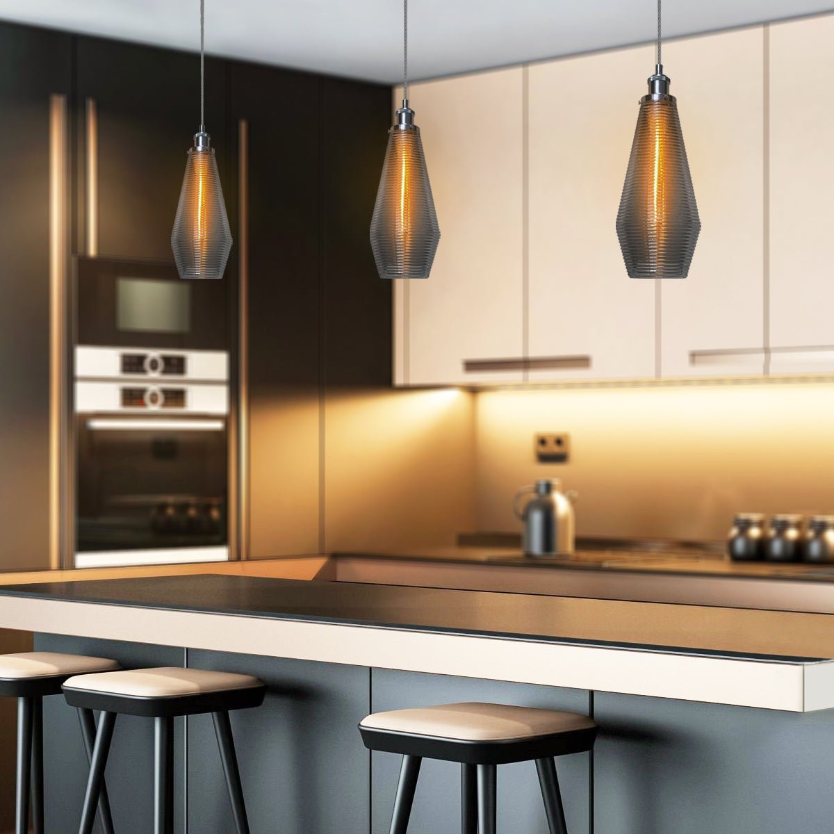 Retro Chrome Ceiling Pendant Light Ribbed Smoked Grey Glass Lamp Shade - Energy Light Bulbs - Free delivery on all orders
