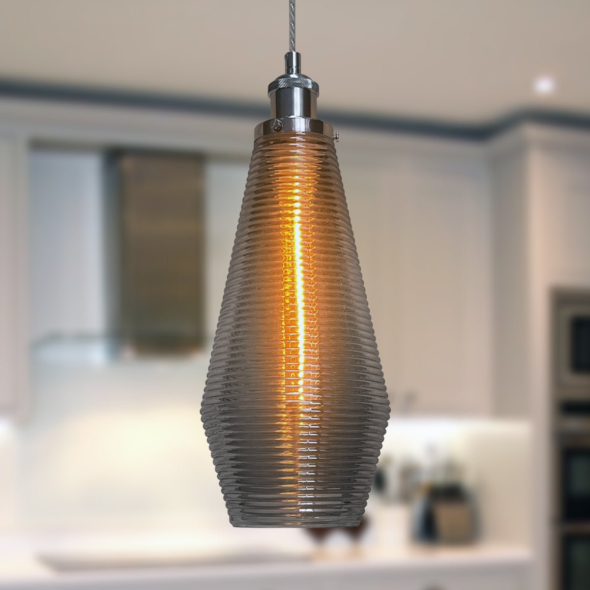 Retro Chrome Ceiling Pendant Light Ribbed Smoked Grey Glass Lamp Shade - Energy Light Bulbs - Free delivery on all orders