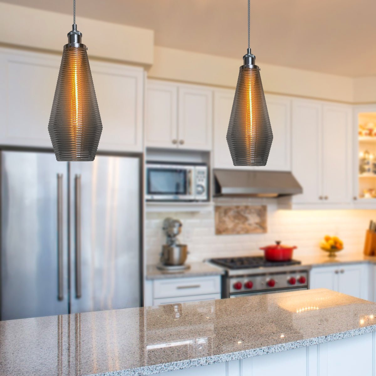 Retro Chrome Ceiling Pendant Light Ribbed Smoked Grey Glass Lamp Shade - Energy Light Bulbs - Free delivery on all orders