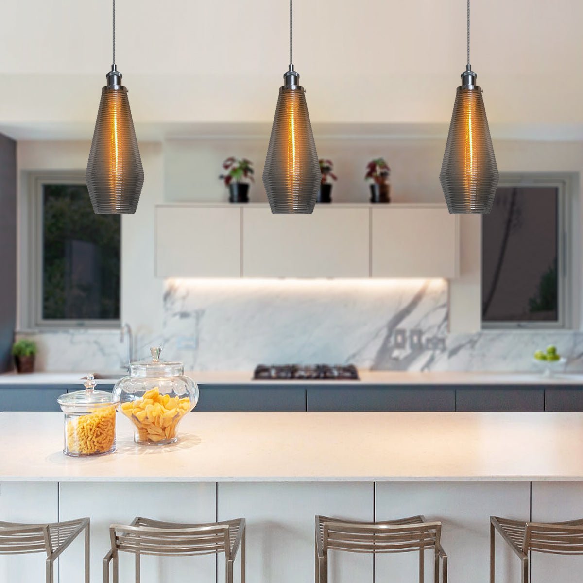 Retro Chrome Ceiling Pendant Light Ribbed Smoked Grey Glass Lamp Shade - Energy Light Bulbs - Free delivery on all orders
