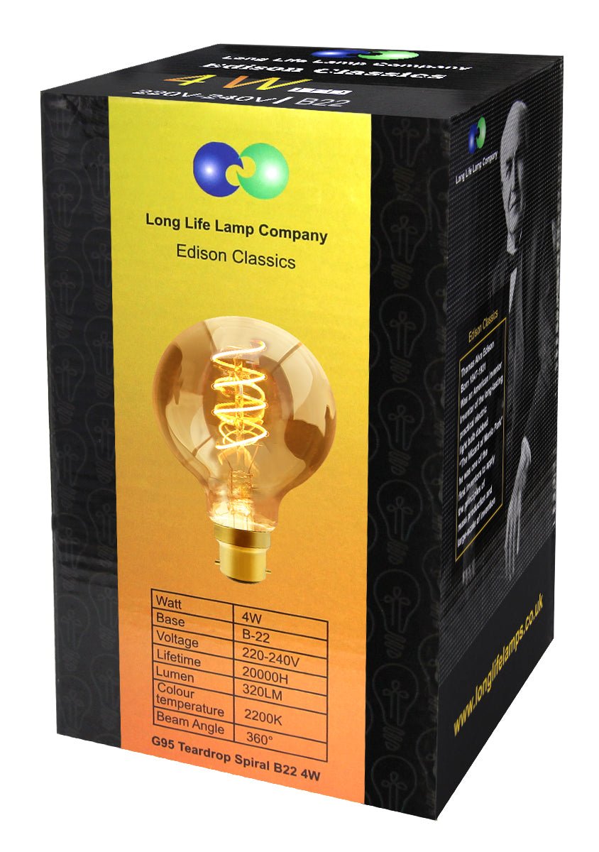 Retro Vintage Globe LED 4w Spiral Filament Bulb Smoked Gold Glass G95 Teardrop B22 - Energy Light Bulbs - Free delivery on all orders