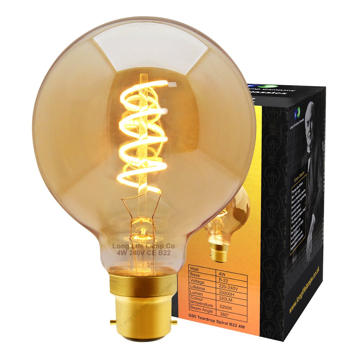 Retro Vintage Globe LED 4w Spiral Filament Bulb Smoked Gold Glass G95 Teardrop B22 - Energy Light Bulbs - Free delivery on all orders