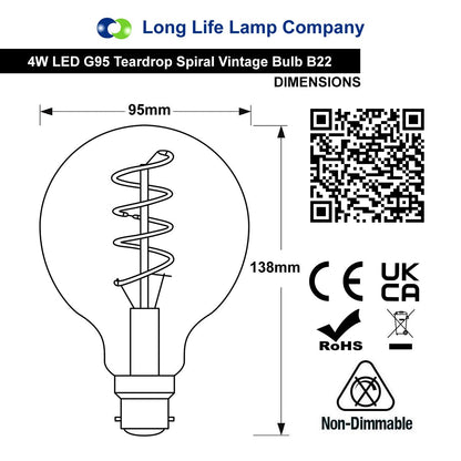 Retro Vintage Globe LED 4w Spiral Filament Bulb Smoked Gold Glass G95 Teardrop B22 - Energy Light Bulbs - Free delivery on all orders