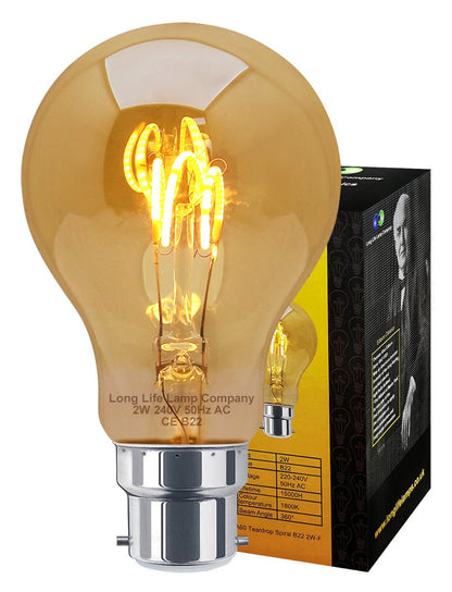 Retro Vintage LED 2w Edison Style Spiral Filament Bulb Smoked Gold Glass A60 B22 Bayonet - Energy Light Bulbs - Free delivery on all orders