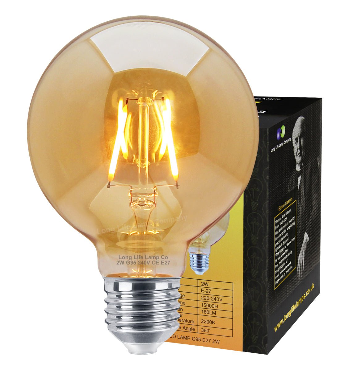 Retro Vintage LED 2w Globe Edison Style Filament Bulb Smoked Gold Glass G95 E27 Edison Screw - Energy Light Bulbs - Free delivery on all orders