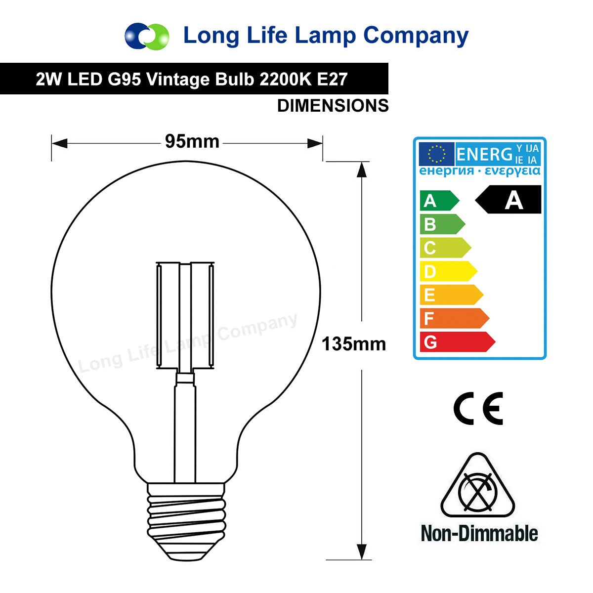 Retro Vintage LED 2w Globe Edison Style Filament Bulb Smoked Gold Glass G95 E27 Edison Screw - Energy Light Bulbs - Free delivery on all orders