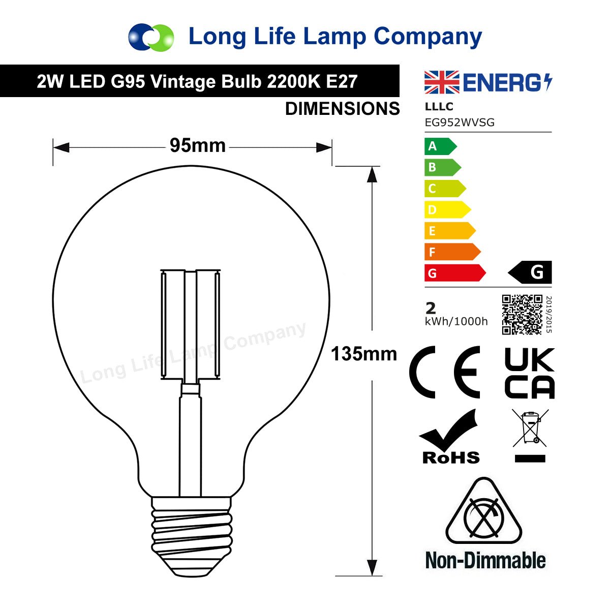 Retro Vintage LED 2w Globe Edison Style Filament Bulb Smoked Gold Glass G95 E27 Edison Screw - Free delivery on all orders