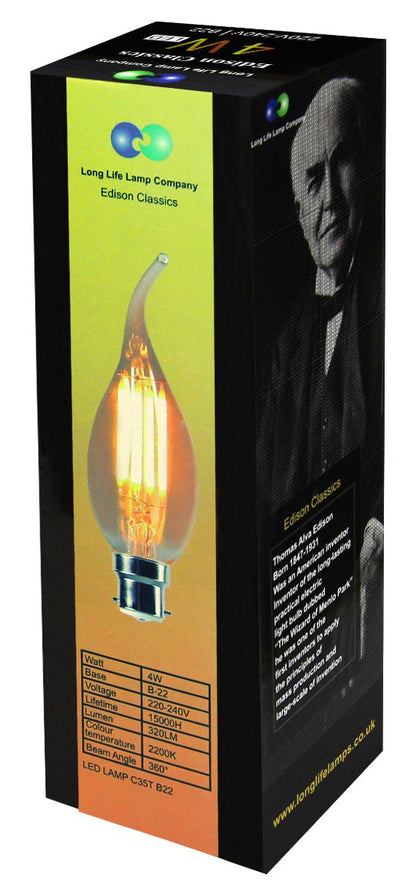Retro Vintage LED 4w Candle Edison Style Filament Bulb Smoked Gold Glass B22 Bayonet Cap - Energy Light Bulbs - Free delivery on all orders