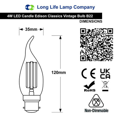 Retro Vintage LED 4w Candle Edison Style Filament Bulb Smoked Gold Glass B22 Bayonet Cap - Energy Light Bulbs - Free delivery on all orders