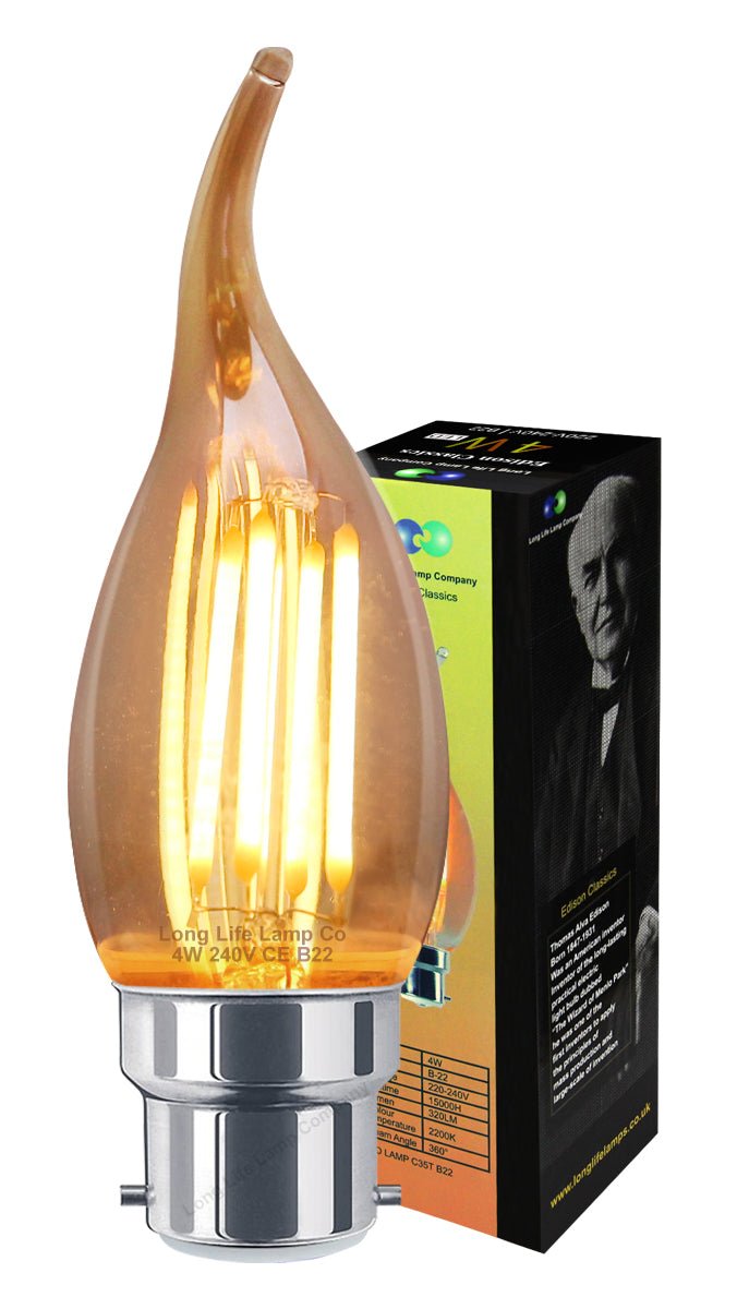 Retro Vintage LED 4w Candle Edison Style Filament Bulb Smoked Gold Glass B22 Bayonet Cap - Energy Light Bulbs - Free delivery on all orders