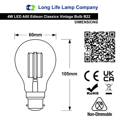 Retro Vintage LED 4w Edison Style Filament Bulb Smoked Gold Glass A60 B22 Bayonet - Energy Light Bulbs - Free delivery on all orders