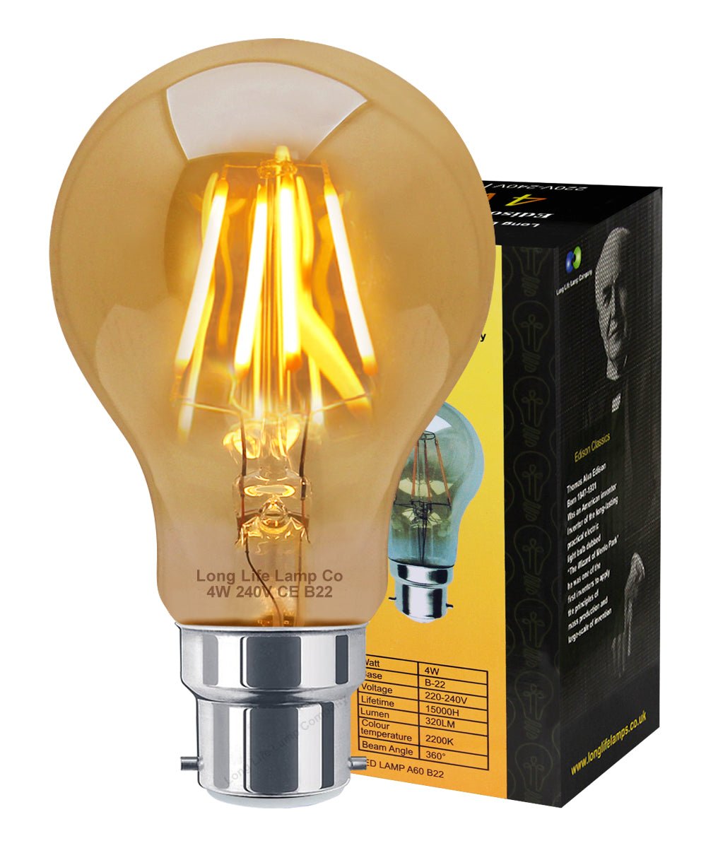 Retro Vintage LED 4w Edison Style Filament Bulb Smoked Gold Glass A60 B22 Bayonet - Energy Light Bulbs - Free delivery on all orders