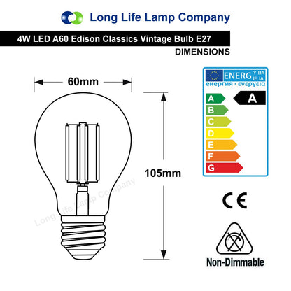 Retro Vintage LED 4w Edison Style Filament Bulb Smoked Gold Glass A60 E27 Edison Screw - Energy Light Bulbs - Free delivery on all orders