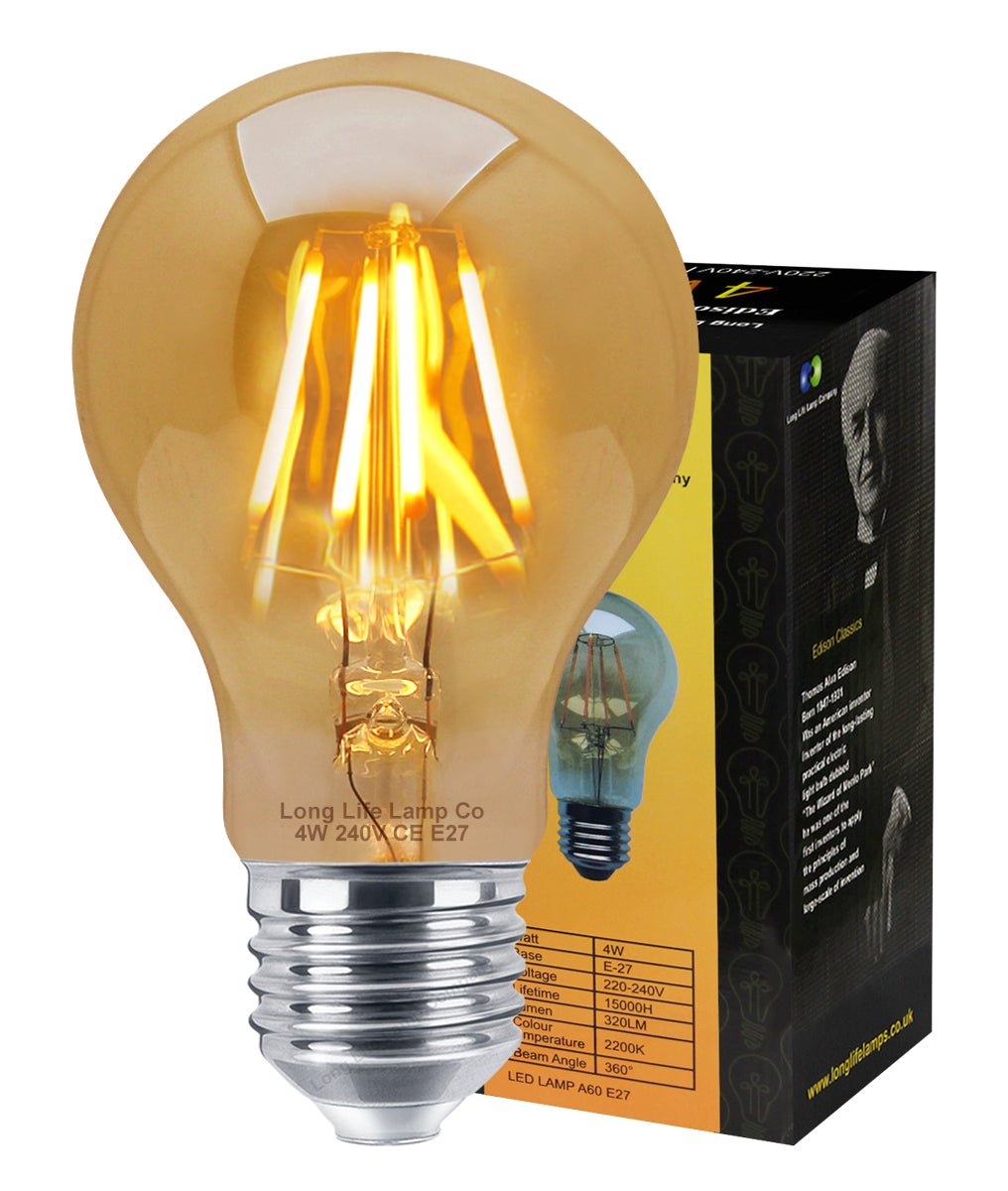 Retro Vintage LED 4w Edison Style Filament Bulb Smoked Gold Glass A60 E27 Edison Screw - Energy Light Bulbs - Free delivery on all orders