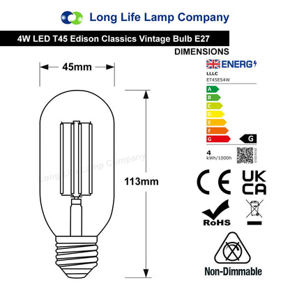 Retro Vintage LED 4W Edison Style Filament Tube Bulb Smoked Gold Glass T45 E27 - Free delivery on all orders