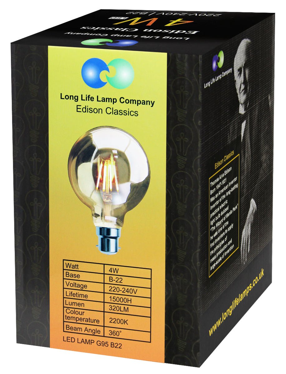 Retro Vintage LED 4w Globe Edison Style Filament Bulb Smoked Gold Glass G95 B22 - Energy Light Bulbs - Free delivery on all orders