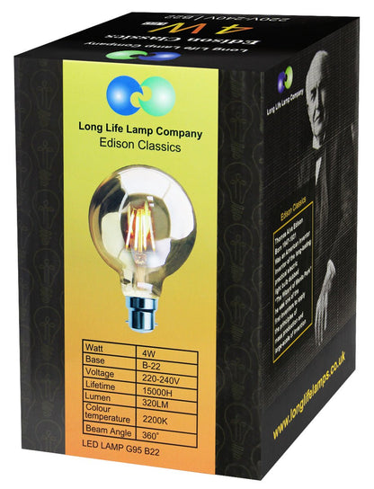 Retro Vintage LED 4w Globe Edison Style Filament Bulb Smoked Gold Glass G95 B22 - Energy Light Bulbs - Free delivery on all orders
