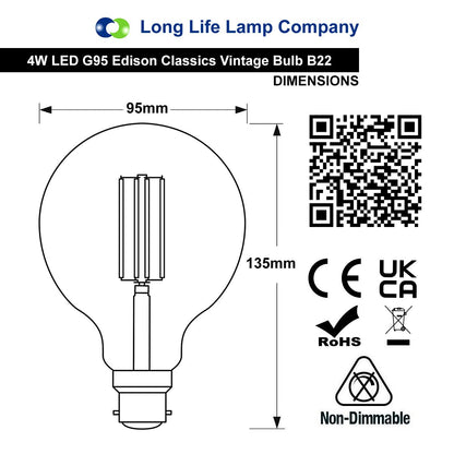 Retro Vintage LED 4w Globe Edison Style Filament Bulb Smoked Gold Glass G95 B22 - Energy Light Bulbs - Free delivery on all orders