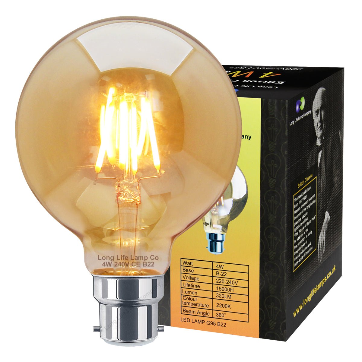 Retro Vintage LED 4w Globe Edison Style Filament Bulb Smoked Gold Glass G95 B22 - Energy Light Bulbs - Free delivery on all orders