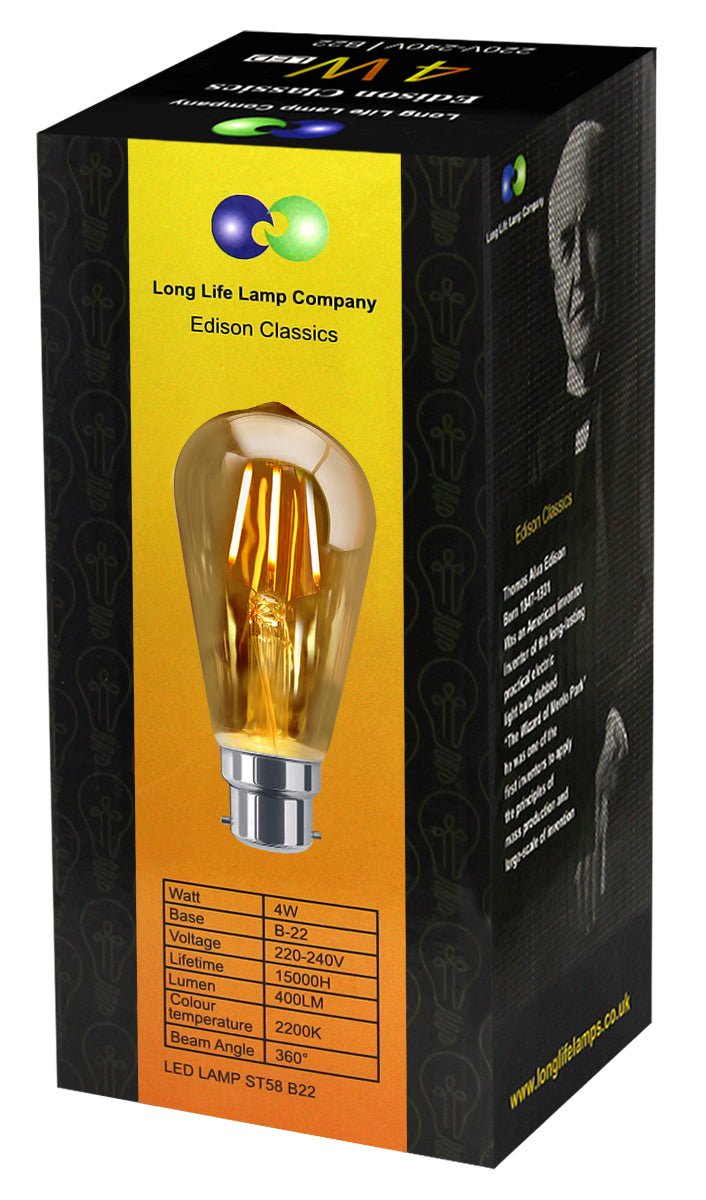 Retro Vintage LED 4w Squirrel Cage Bulb Smoked Gold Glass ST58 B22 Bayonet - Energy Light Bulbs - Free delivery on all orders