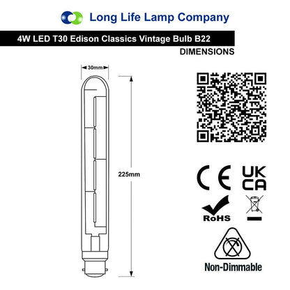 Retro Vintage LED 4w Test Tube Edison Style Filament Bulb Smoked Gold Glass T30 B22 - Energy Light Bulbs - Free delivery on all orders
