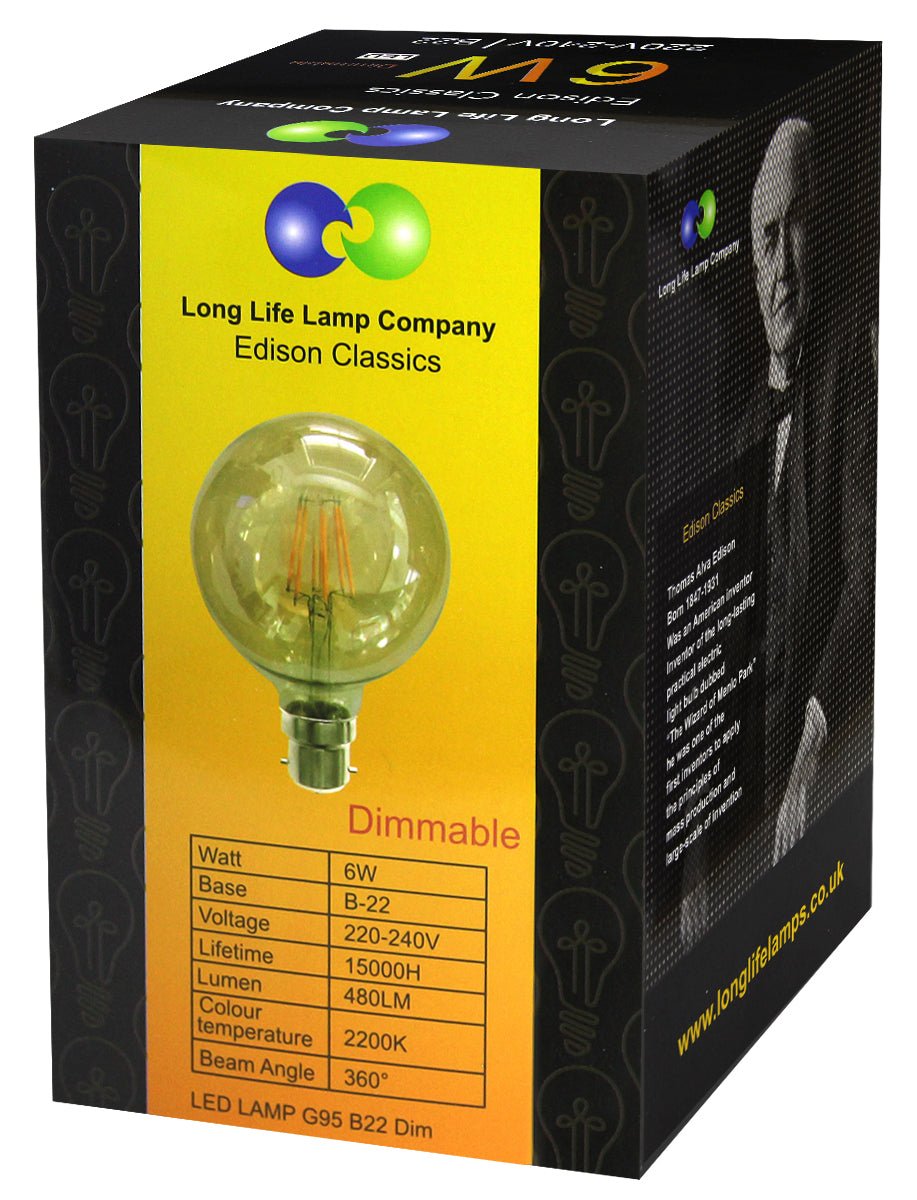 Retro Vintage LED 6w DIMMABLE Globe Smoked Gold Glass G95 B22 - Energy Light Bulbs - Free delivery on all orders