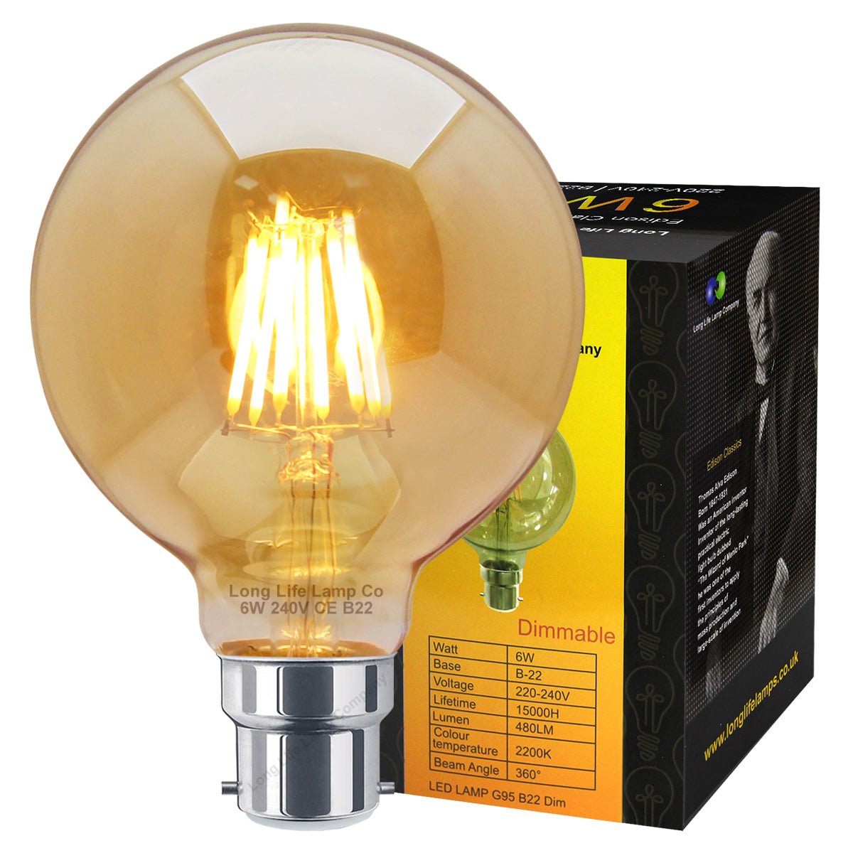 Retro Vintage LED 6w DIMMABLE Globe Smoked Gold Glass G95 B22 - Energy Light Bulbs - Free delivery on all orders