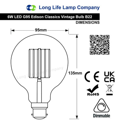 Retro Vintage LED 6w DIMMABLE Globe Smoked Gold Glass G95 B22 - Energy Light Bulbs - Free delivery on all orders
