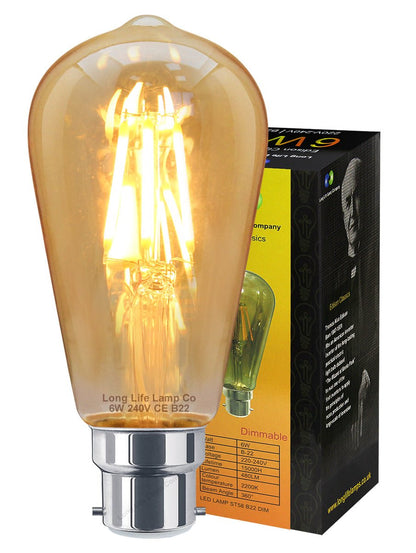 Retro Vintage LED 6w Dimmable Squirrel Cage Bulb Smoked Gold Glass ST58 B22 - Energy Light Bulbs - Free delivery on all orders