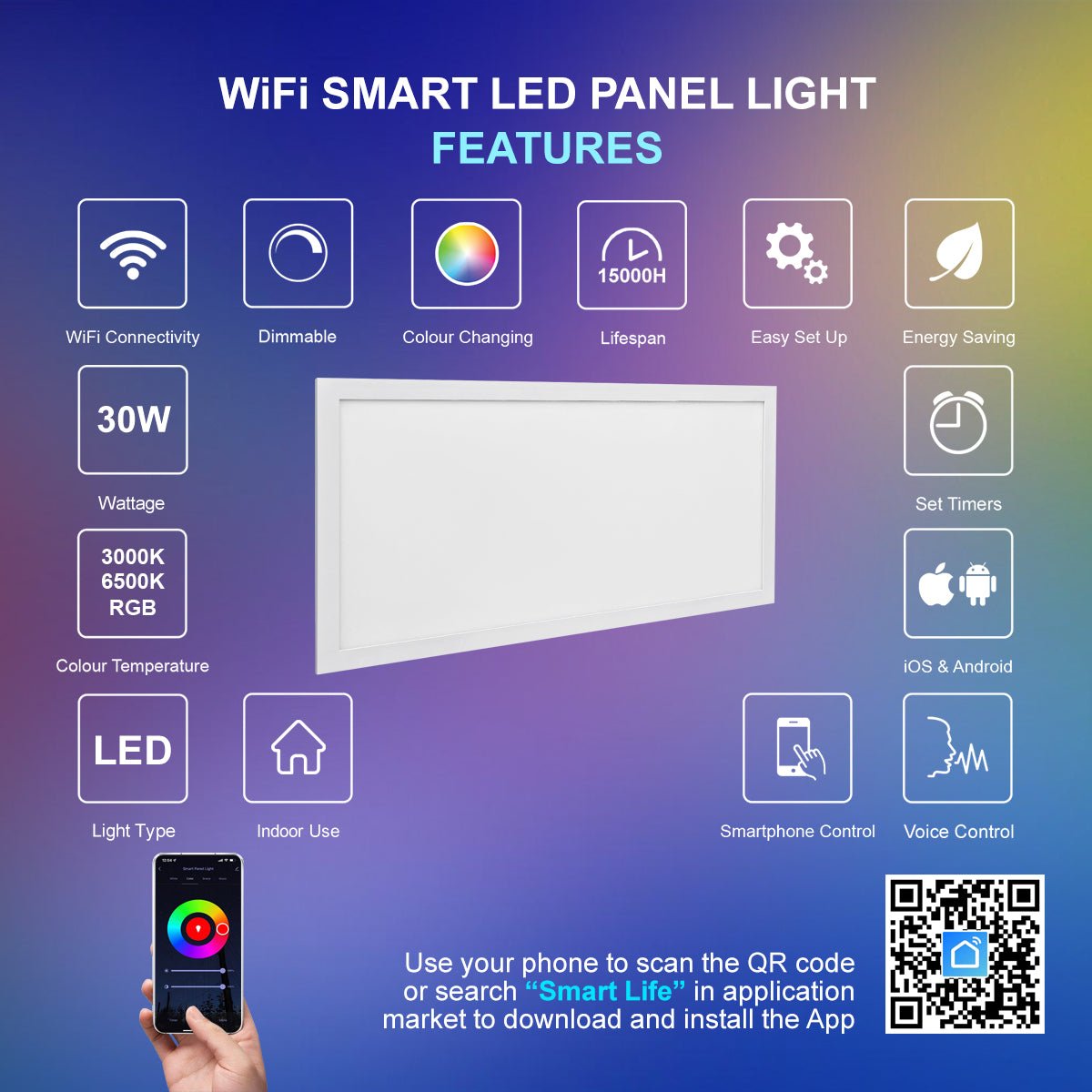 RGB 30w WiFi LED Ceiling Hanging Panel Light Colour Changing 300 x 600 - Energy Light Bulbs - Free delivery on all orders