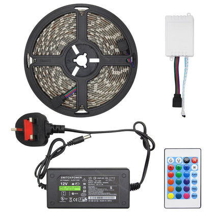 RGB LED Tape IP44 Exterior or Interior 5 Metre Strip Light Kit Colour Change 12v Plug and Play - Energy Light Bulbs - Free delivery on all orders