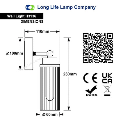 Ribbed Glass Single Wall Light Polished Chrome Slim Side IP44 - Energy Light Bulbs - Free delivery on all orders