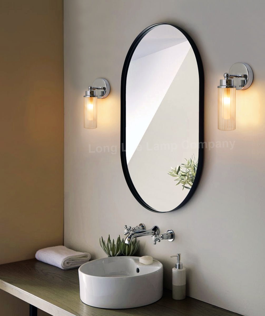 Ribbed Glass Single Wall Light Polished Chrome Slim Side IP44 - Energy Light Bulbs - Free delivery on all orders