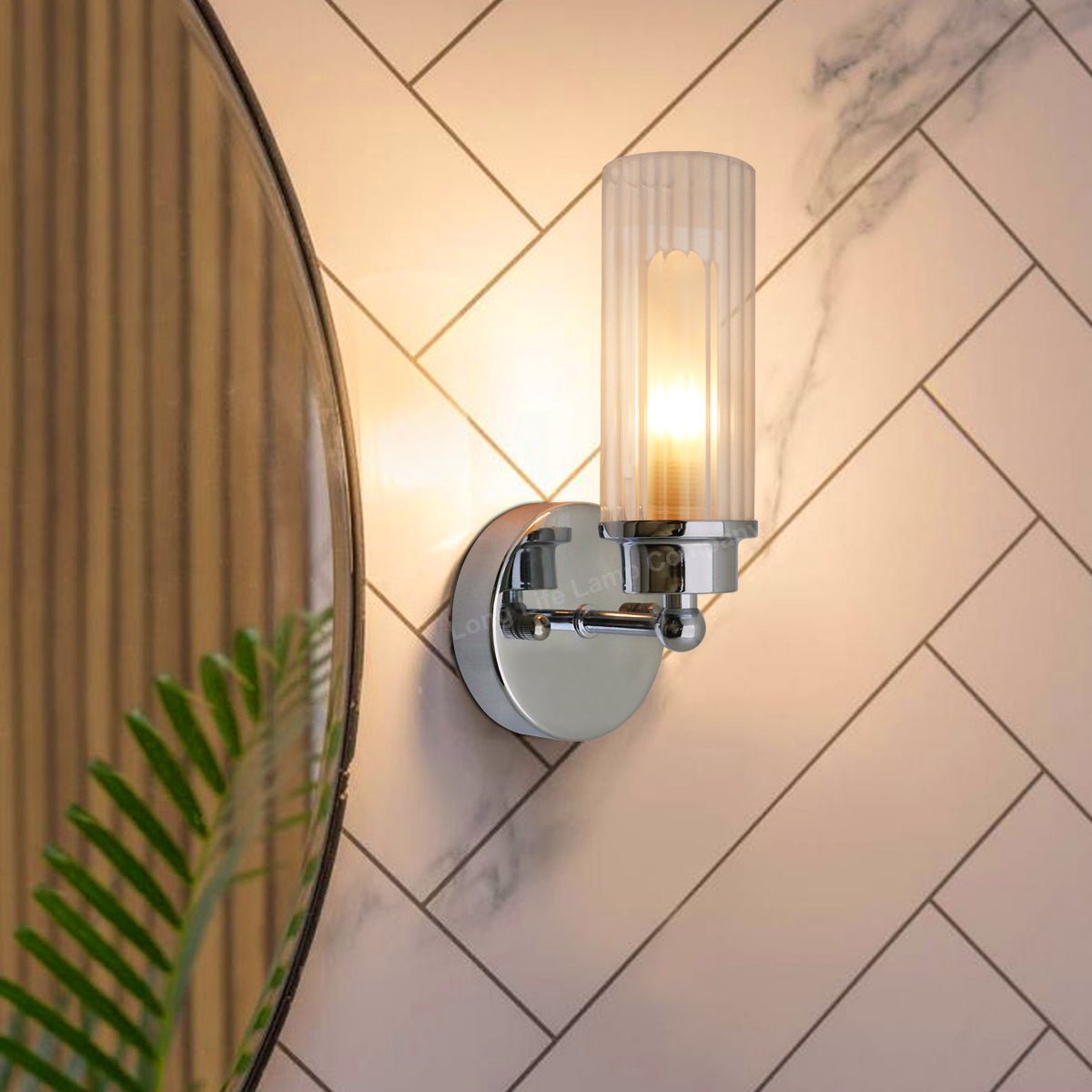 Ribbed Glass Single Wall Light Polished Chrome Slim Side IP44 - Energy Light Bulbs - Free delivery on all orders