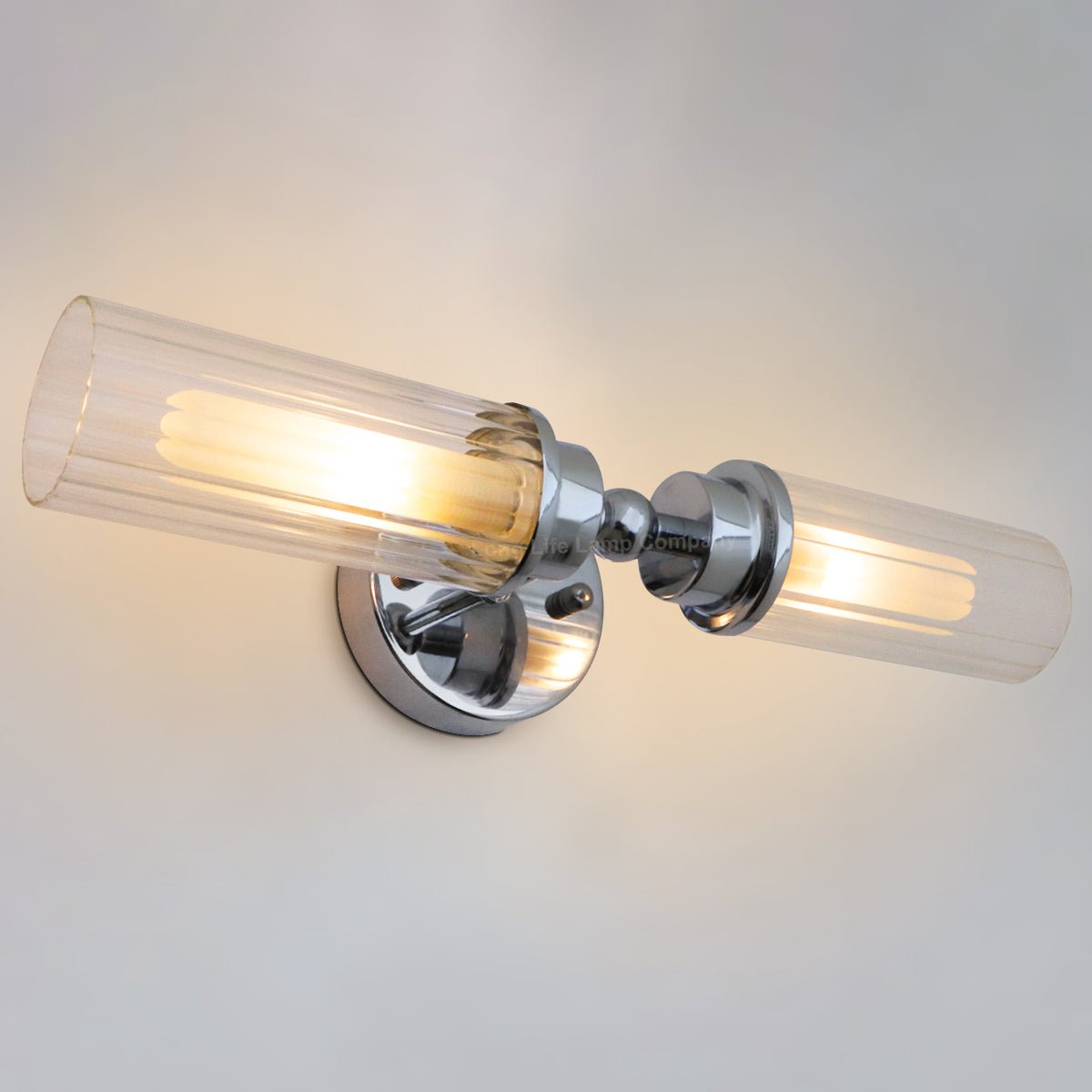 Ribbed Glass Twin Wall Light Polished Chrome Slim Side IP44 - Energy Light Bulbs - Free delivery on all orders