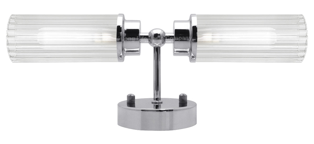 Ribbed Glass Twin Wall Light Polished Chrome Slim Side IP44 - Energy Light Bulbs - Free delivery on all orders