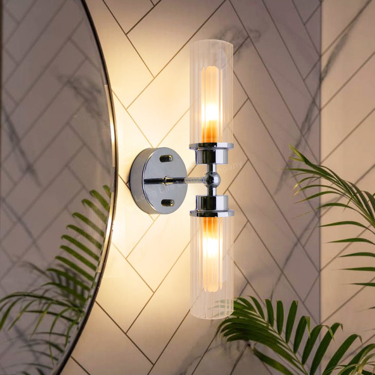 Ribbed Glass Twin Wall Light Polished Chrome Slim Side IP44 - Energy Light Bulbs - Free delivery on all orders