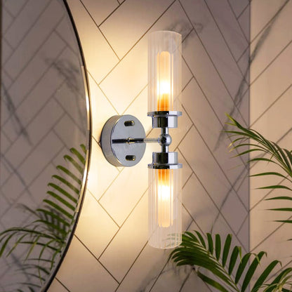 Ribbed Glass Twin Wall Light Polished Chrome Slim Side IP44 - Energy Light Bulbs - Free delivery on all orders