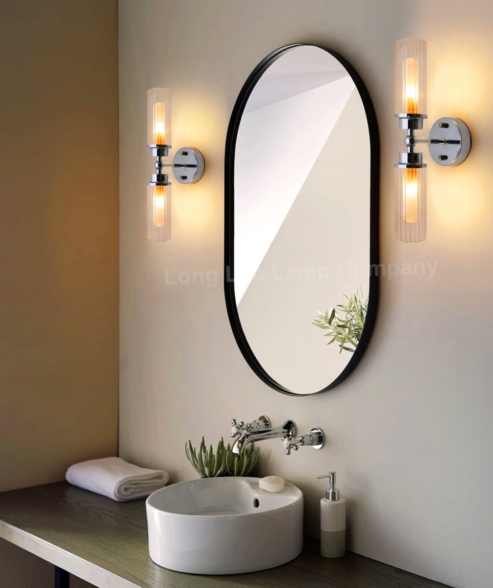 Ribbed Glass Twin Wall Light Polished Chrome Slim Side IP44 - Energy Light Bulbs - Free delivery on all orders