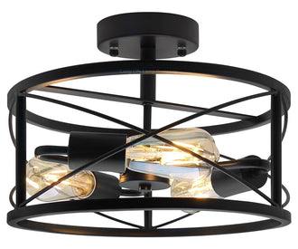 Round 3 - Light Industrial Ceiling Lantern Semi Flush Mount Black Shade - Energy Light Bulbs - Free delivery on all orders